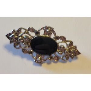 Vtg Estate Vendome Black Oval Stone Victorian Silver Scatter Pin‎ Brooch 1.8"